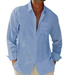 Men's Blue Casual Button Down preppy collared Shirt Linen Cotton Blend Size XL